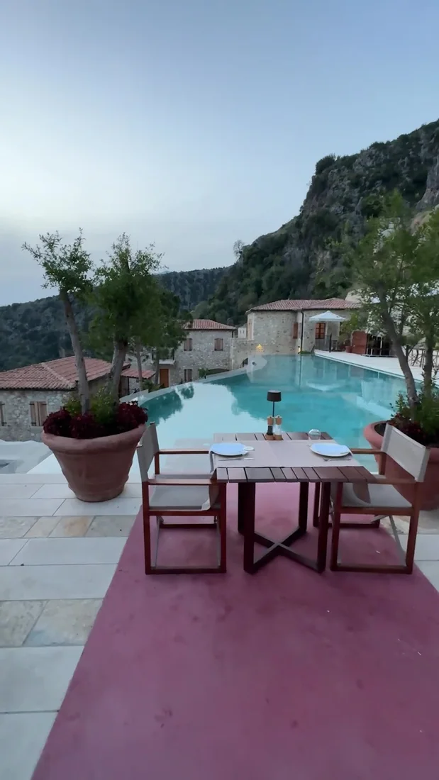 A hilltop terrace and pool with coastal views at Zoe Hora above Dhërmi