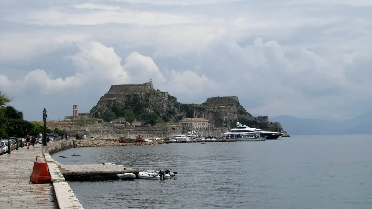 The Old Fortress and waterfront of Corfu Town, the departure point for the ferry to the Albanian coast