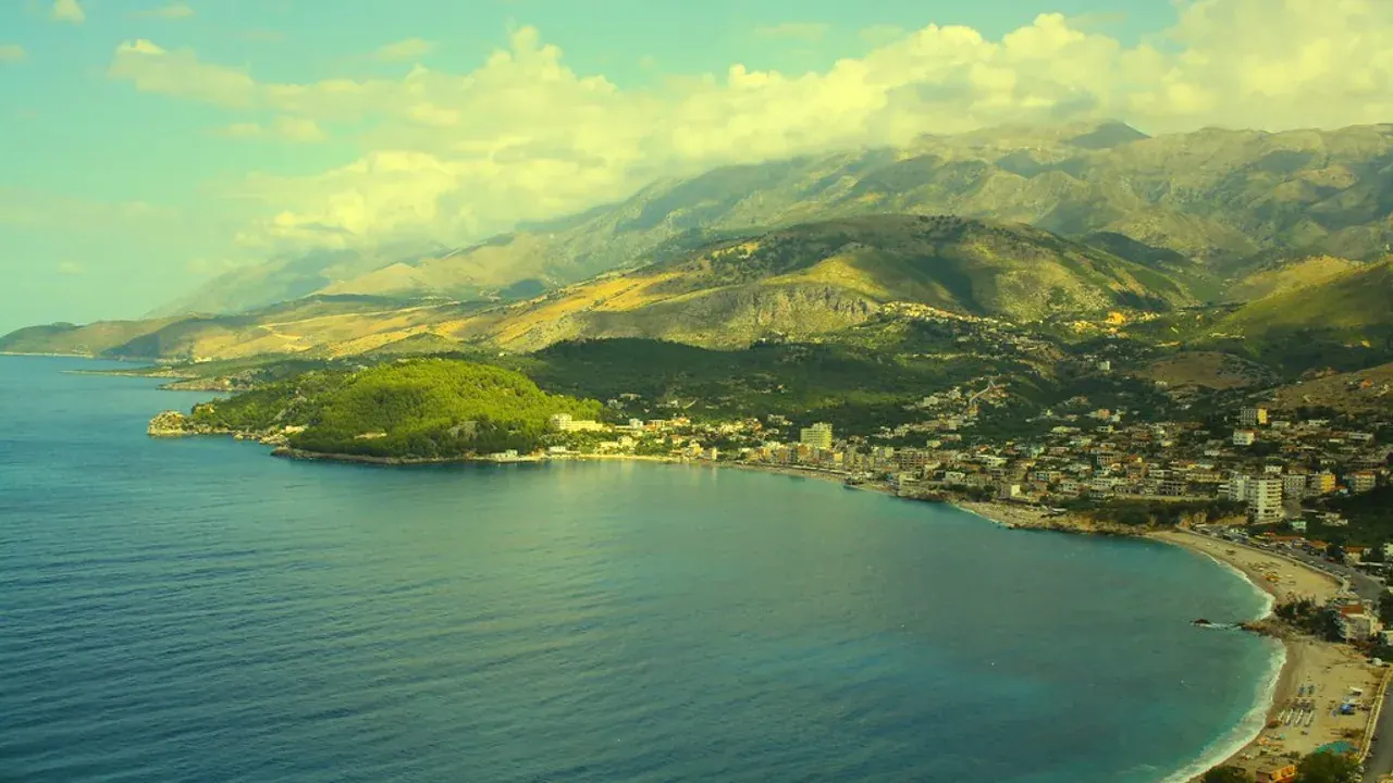 The bay and town of Himarë below the Ceraunian mountains on the Albanian Riviera
