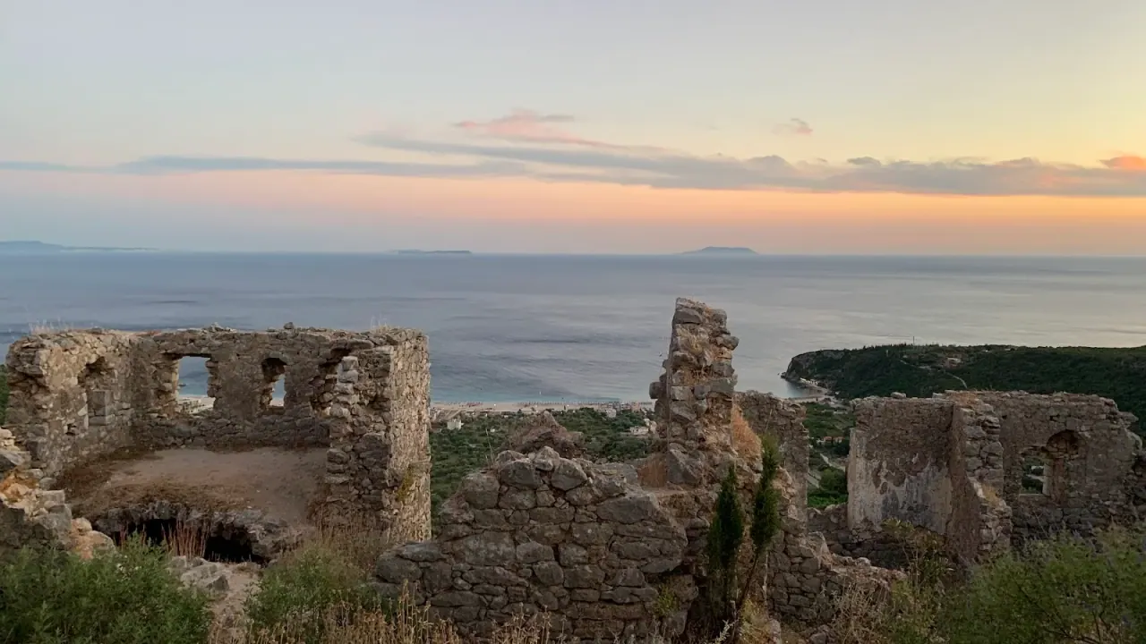 The bay and town of Himarë below the Ceraunian mountains on the Albanian Riviera