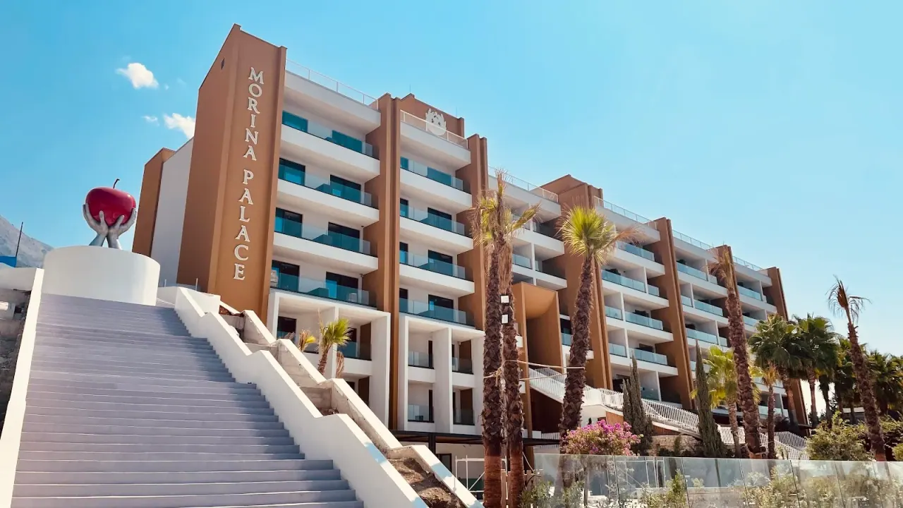 The Morina Palace hotel facade above Palasë beach on the Albanian Riviera
