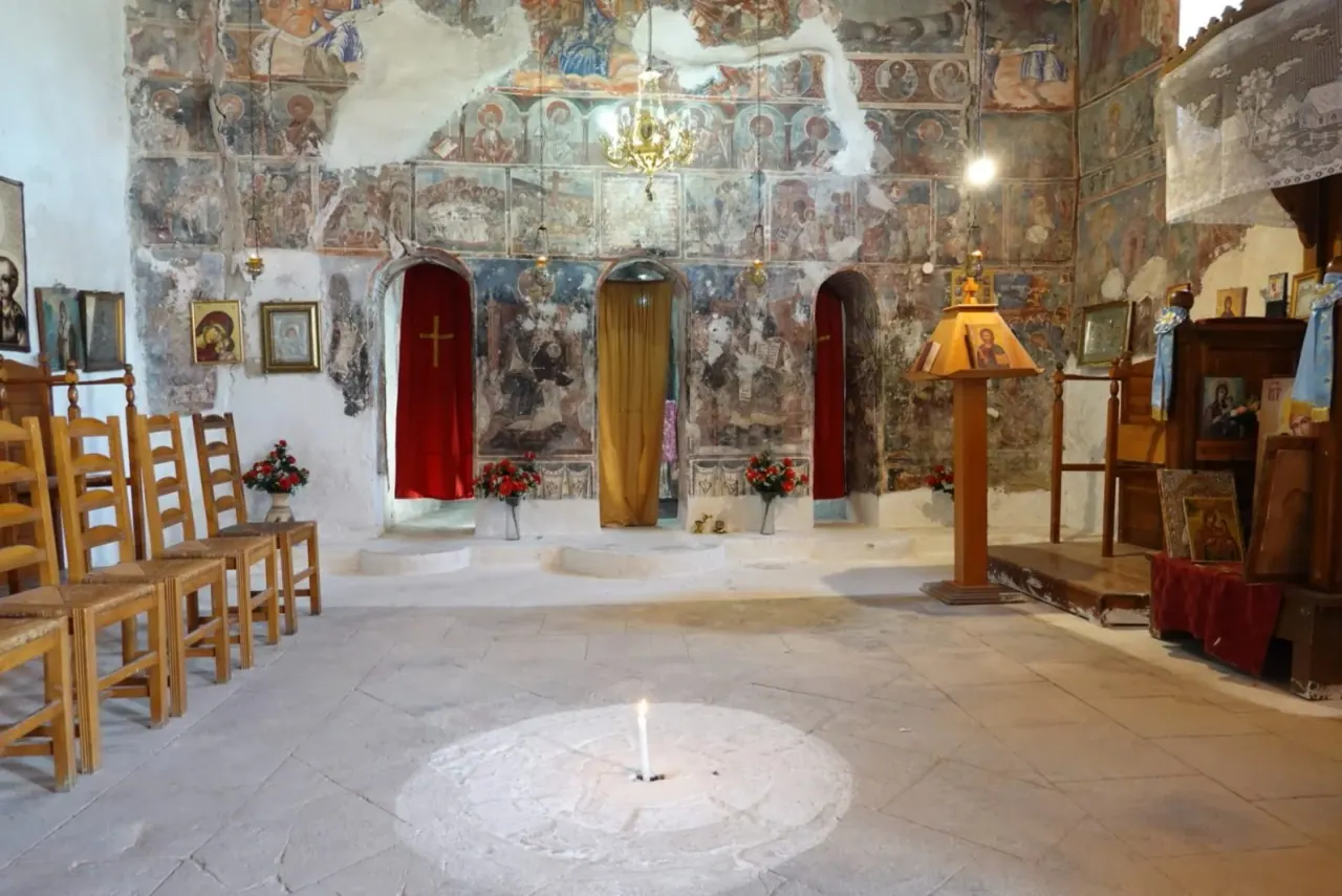 Old frescoes and icons inside St. Mary's Monastery at Dhërmi