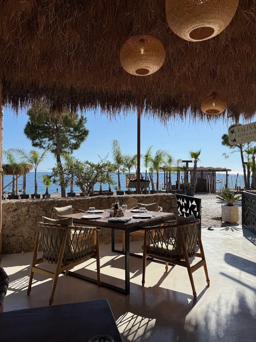 A set table on the thatched, sea-facing terrace at Salinas Restaurant with palms and the Ionian beyond, Dhërmi Beach