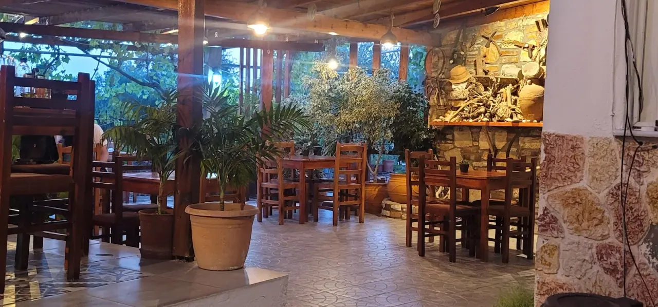 The vine-shaded, stone-walled dining room hung with local bric-a-brac at Taverna Velco, Potam near Himarë